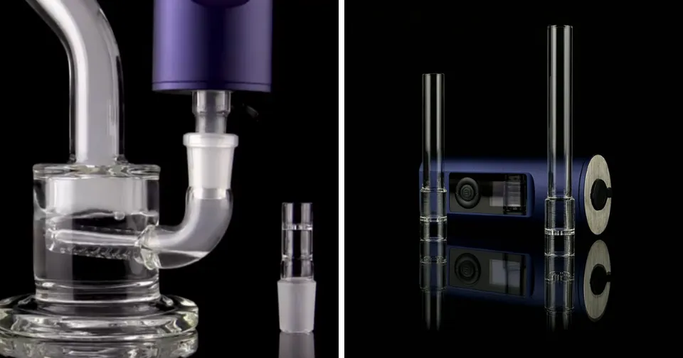 Glass smoking pipe accessory with white and purple parts beside a blue lighter and glass tubes