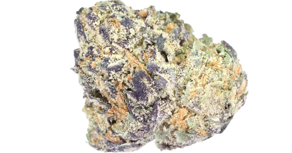 Close-up of a multicolored mineral rock with purple, white, and orange tones on a white background