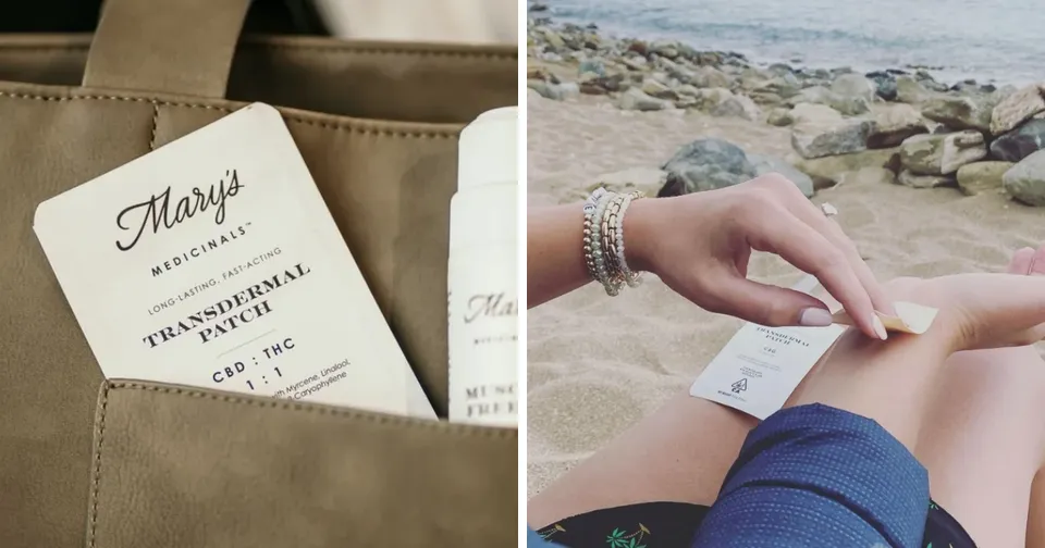 Two beach scenes: a bag with a “Majiq” card and a hand placing it on a leg near rocks and sand.