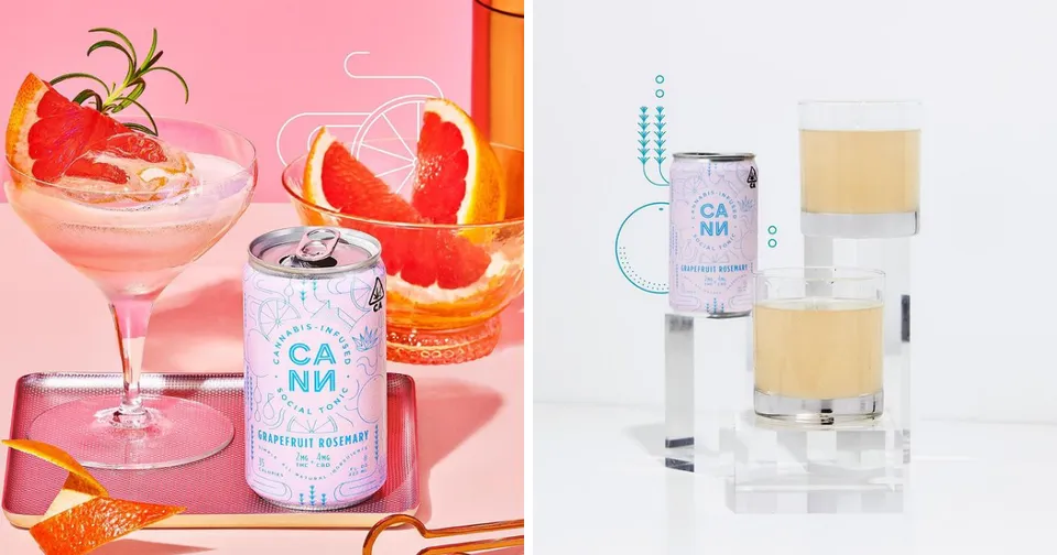 Pastel pink cocktail and can with grapefruit; clear glass with pale drink and can on a white background