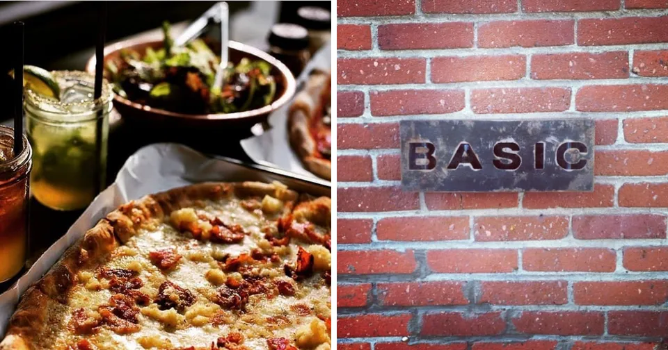 Split image: pizza and salad on a table, and the word “BASIC” on a brick wall.