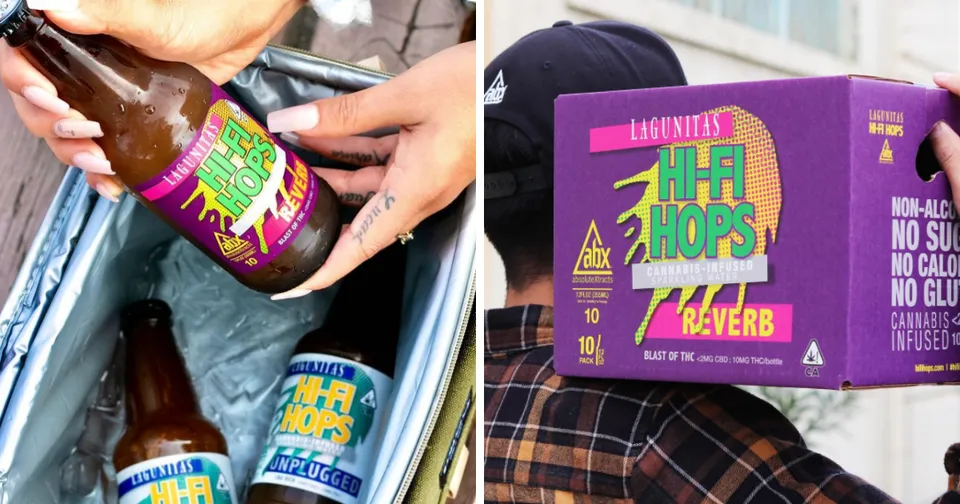 Hands holding colorful beer bottles and a purple box labeled “Halt Hax Ravers” in a cooler.