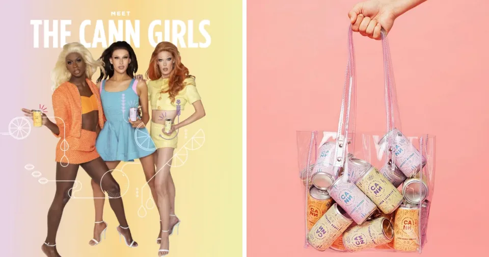 Two-panel promo: three women posing beside candy bags, and a pink tote bag filled with pastel candy packages