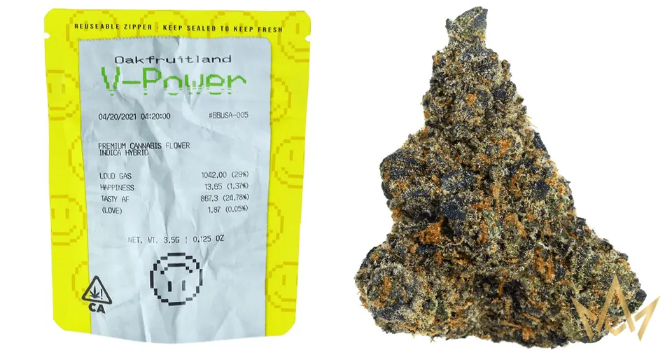 Yellow product bag beside a dark green, crystal-like cannabis bud on a white background