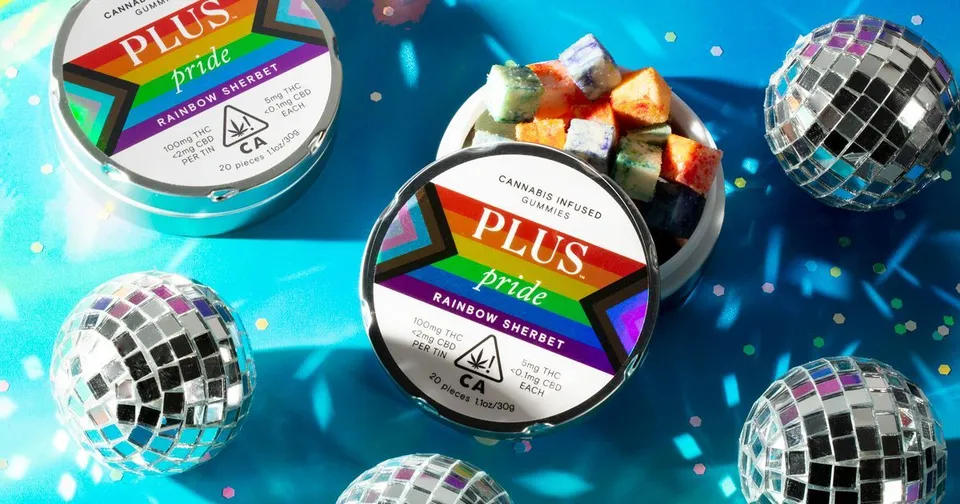 Assorted PLUS-branded ice cream tubs with a disco-ball background and colorful dessert toppings