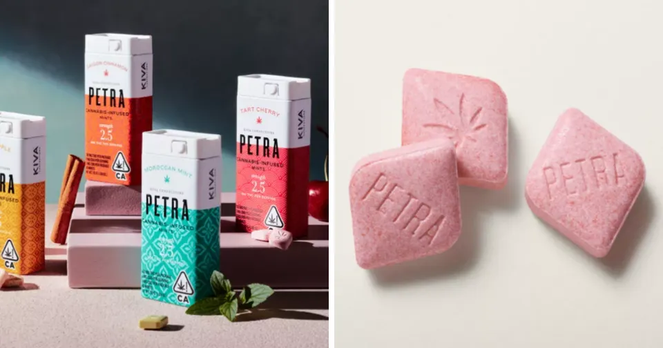 Pink PETRA gummy candies and branded packaging displayed on a white surface and a dark product backdrop