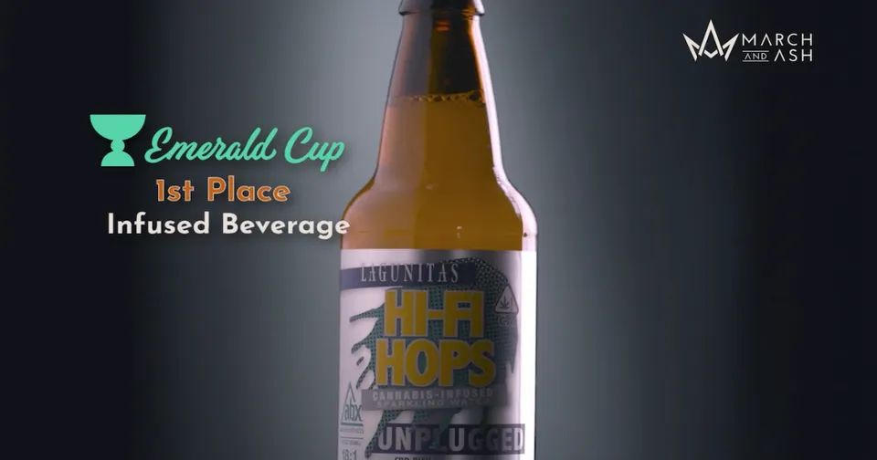 Emerald Cup 1st Place Infused Beverage award graphic with a beer bottle on a dark background