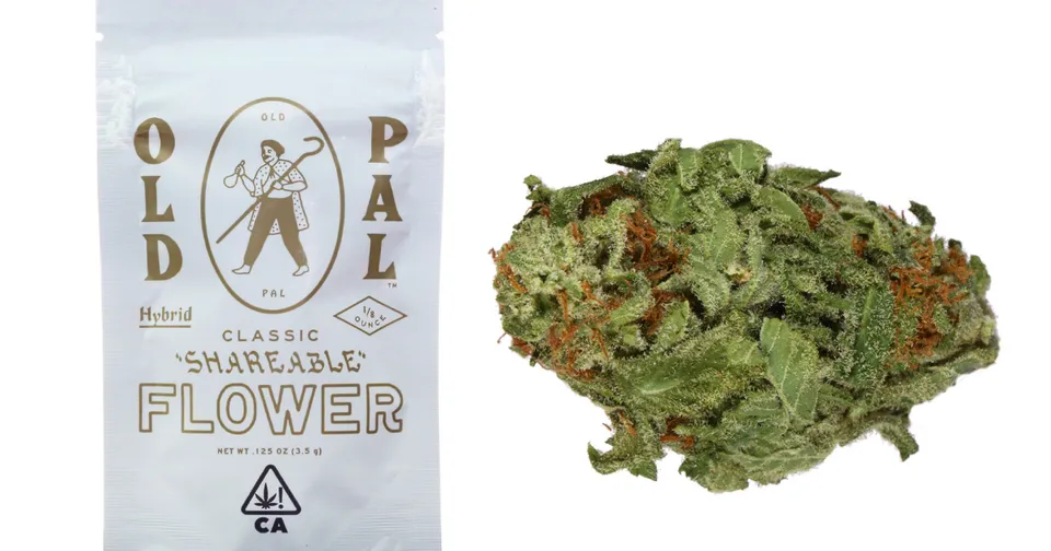 Old Pal cannabis flower bag beside a green marijuana bud