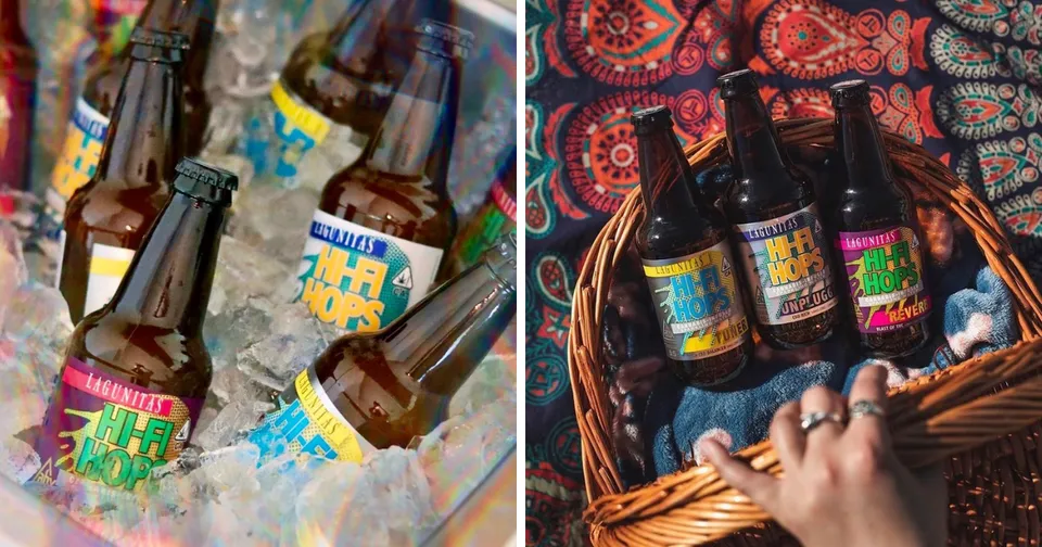 Assorted beer bottles in baskets on ice, with colorful labels in a market stall.