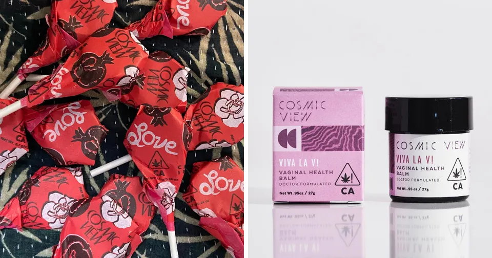 Red heart-patterned candy wrappers beside two small cosmetic jars, one pink and one black.