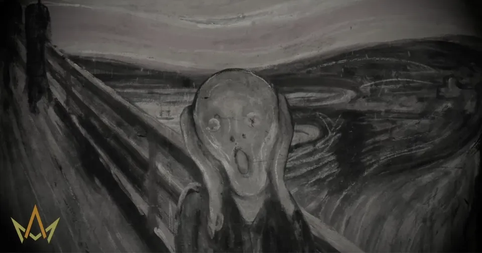 Monochrome drawing of a distorted face in a dark, swirling landscape.