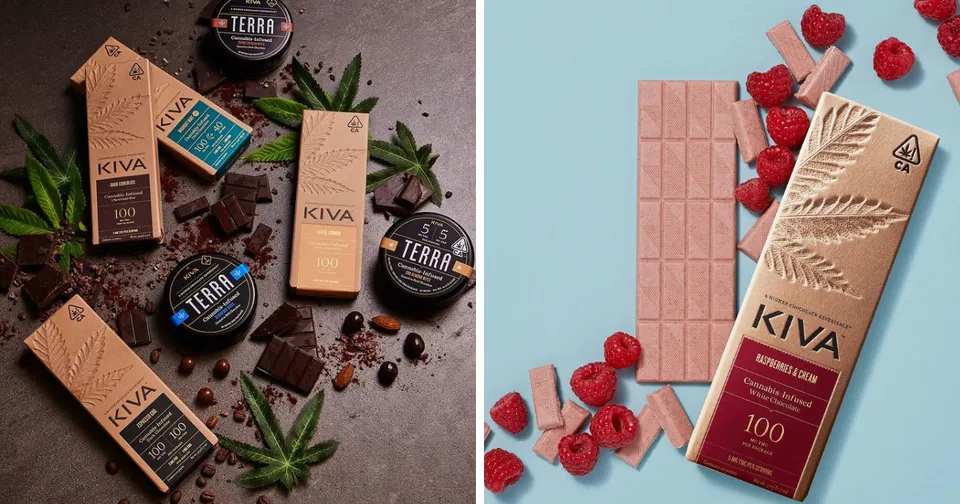 Two KIVA chocolate bars with coffee beans and raspberries on rustic brown and blue backgrounds.