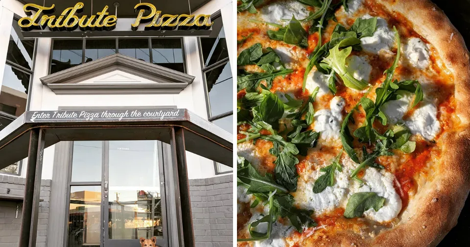 Tribute Pizza storefront beside a close-up of a fresh vegetable pizza