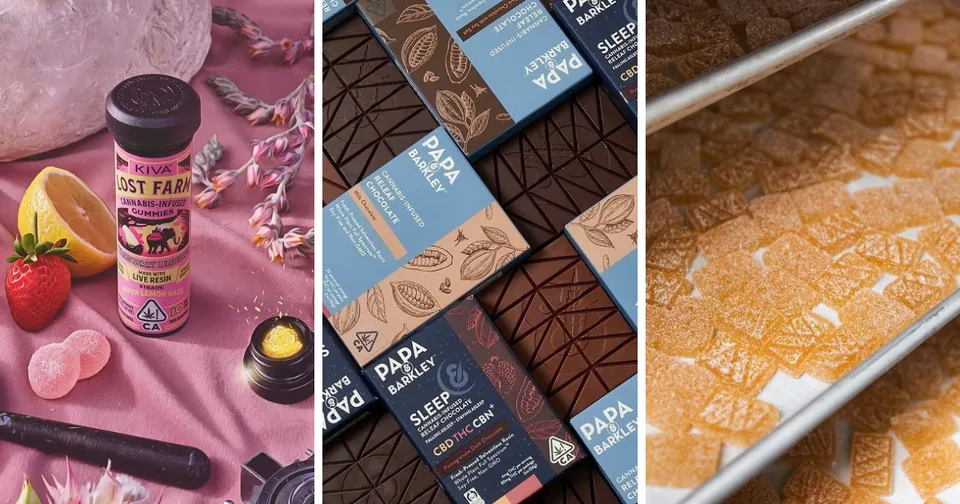 Three-panel collage of strawberry drink mix, chocolate bars, and baked dessert squares