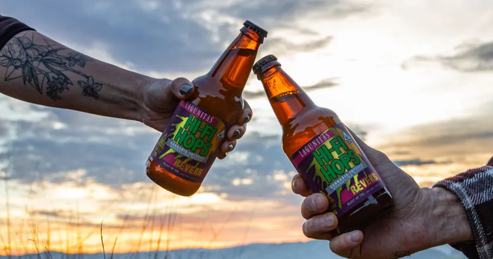 Two tattooed hands clink colorful beer bottles at sunset outdoors.
