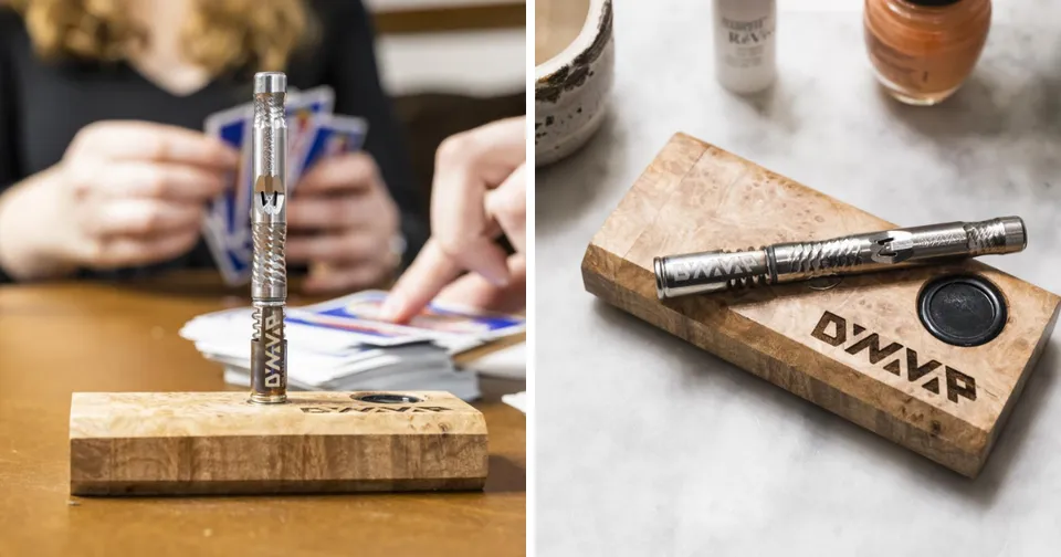 Pen on a wooden stand beside a close-up of a pen and walnut plaque on a table