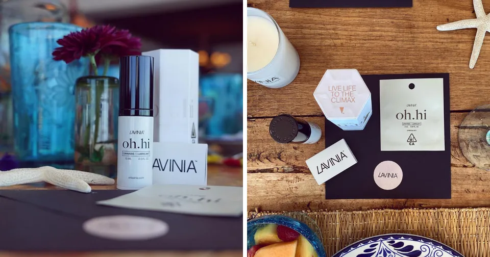 Two product display photos: a perfume bottle with flowers and a gift box on a table, and a skincare box on a wooden surface