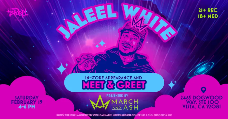 Pink neon flyer for “Jaleel White” meet-and-greet at Marshmello, with event details and a portrait.