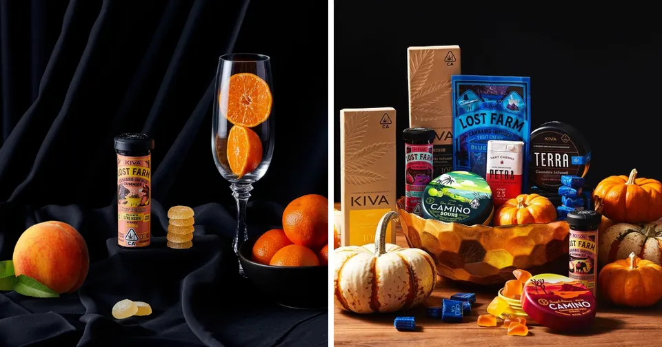 Two-panel still life of citrus and packaged snacks on dark and wooden backgrounds