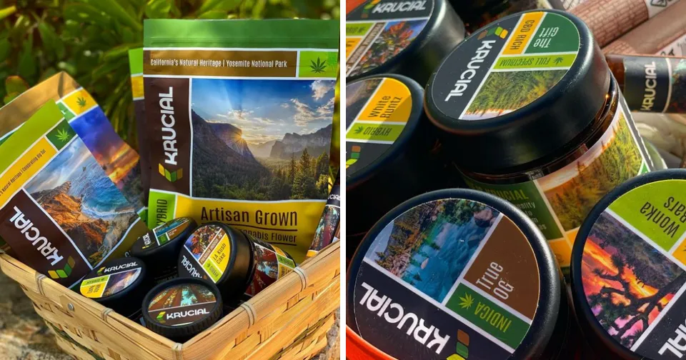 Basket of colorful packaged snacks with scenic labels and round tins on a table