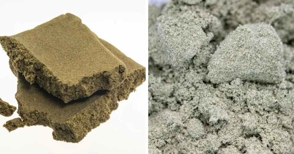 Two piles of sand-like material, one tan and one gray, on a white background