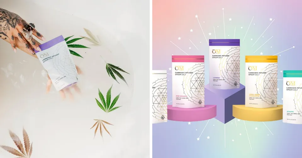 Two-part product ad: lotion bottle with leaves on white and pastel skincare jars on a colorful gradient background