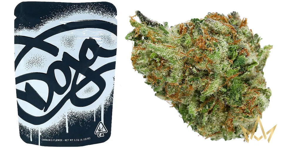 Black-and-white abstract logo beside a close-up cannabis bud on a white background