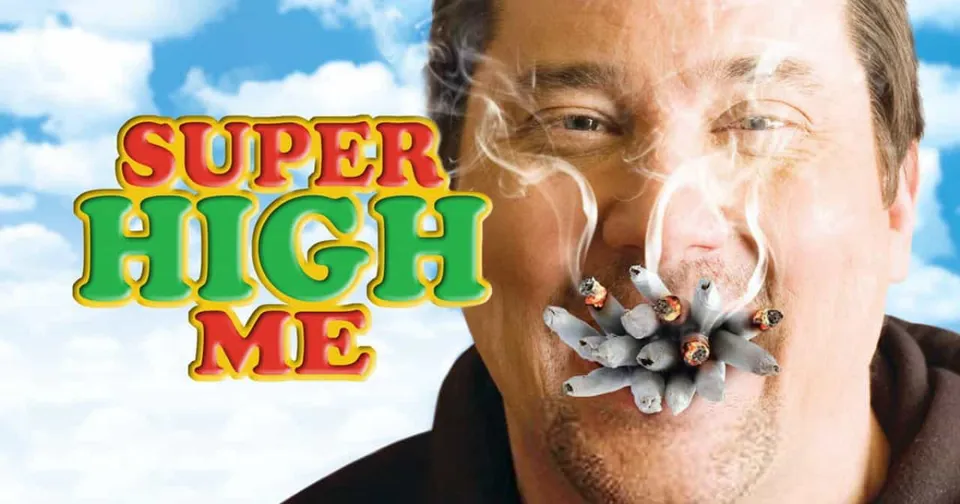 “SUPER HIGH ME” text beside a man smoking a joint, with cloud background.