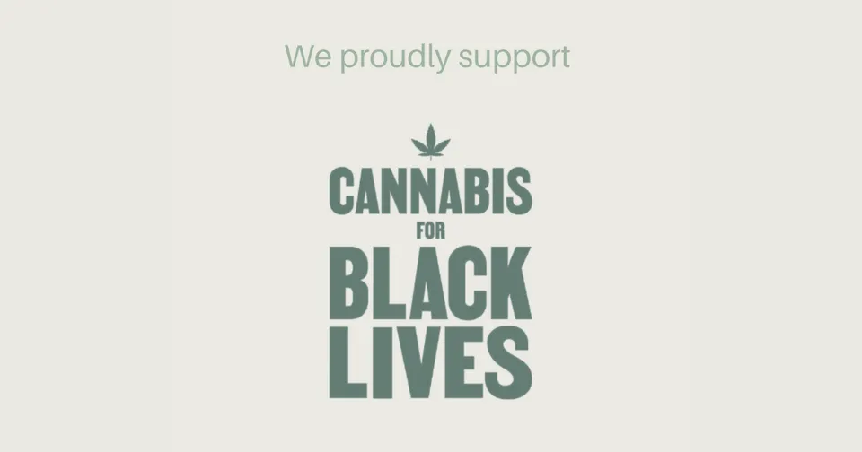“We proudly support” text above green “Cannabis for Black Lives” logo on a light background