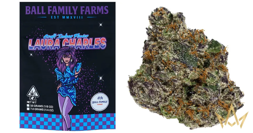Ball Family Farms cannabis package beside a dense green-purple bud on white background