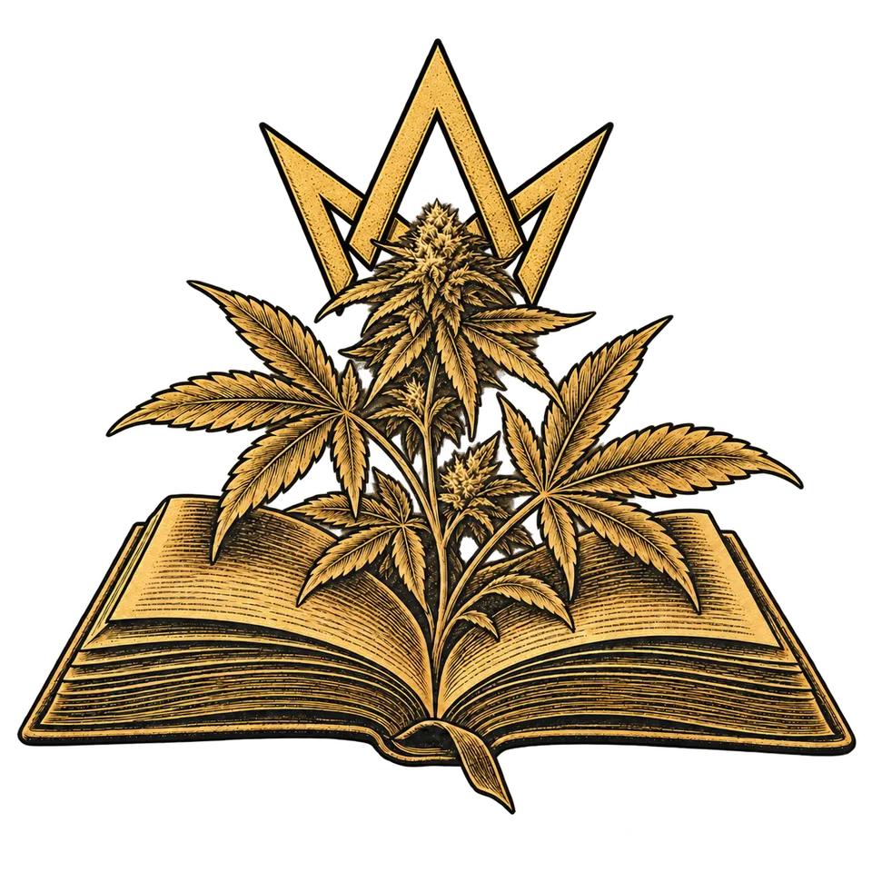 Gold engraved illustration of an open journal, cannabis leaves and the March and Ash crown