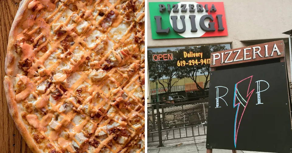 Close-up of a pizza beside a storefront sign reading “Pizza Luigi Pizzeria.”