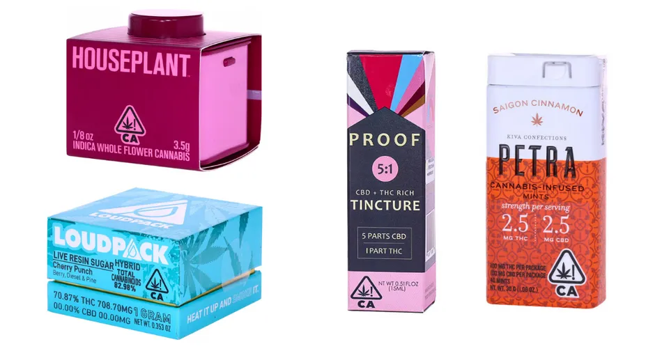 Assorted cannabis product packages in pink, blue, and white, including houseplant, loudpack, proof tincture, and petri.