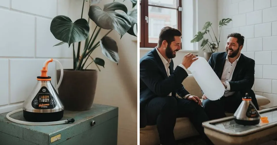 Two men discussing around a coffee table with a pour-over dripper in a modern office lounge