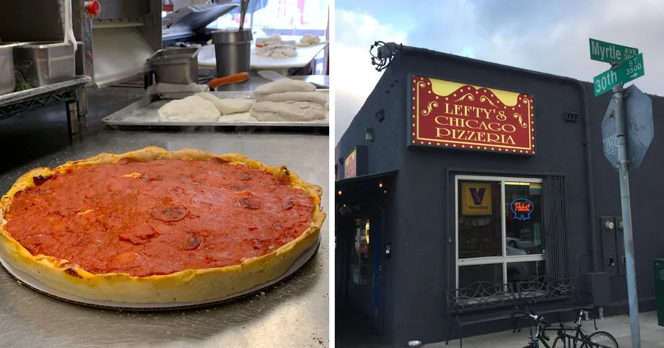 Deep-dish pizza in a pan beside a small dark storefront with a red sign and neon arrow