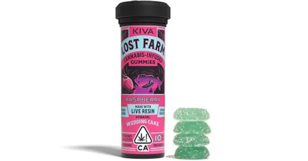 Kiva Lost Farm cannabis gummy jar beside green gummies on white background