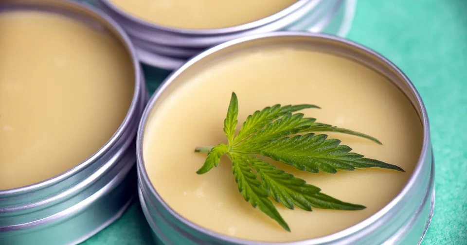 Small tins of cream with a green leaf garnish on a turquoise surface