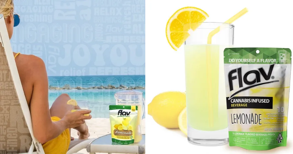 Beachside drink ad with lemonade pouch, glass, lemons, and a person holding a drink by the sea