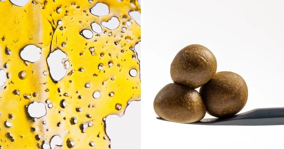 Close-up of yellow honeycomb on the left and three brown spheres on a white background on the right