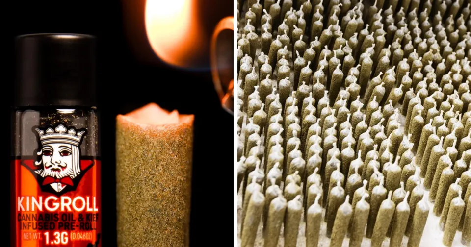 Candle and ignition stone beside KINGROLL bottle; close-up of many white match heads.