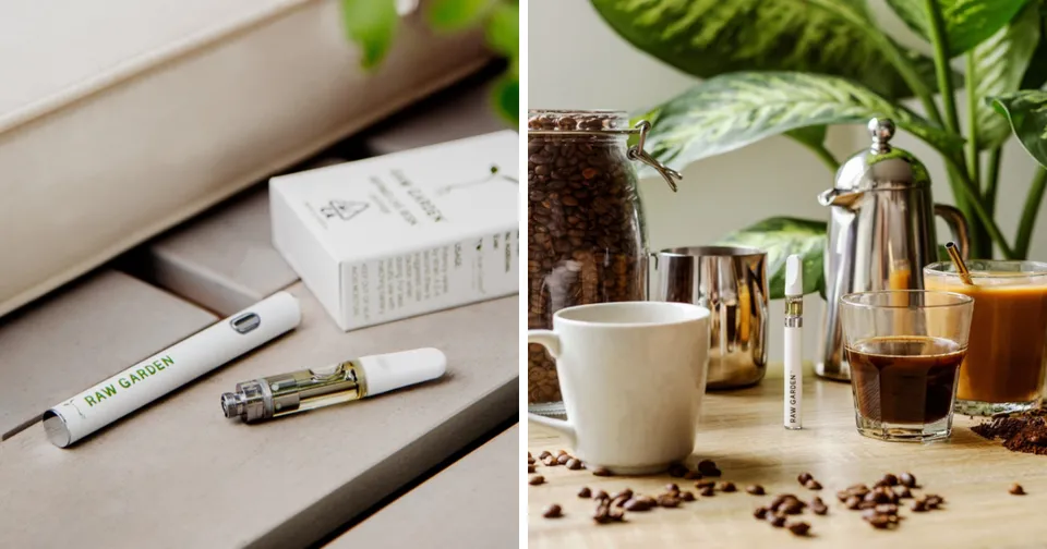 Coffee beans, cup, and glass coffee pot on a table beside a plant and packaged vape pens.