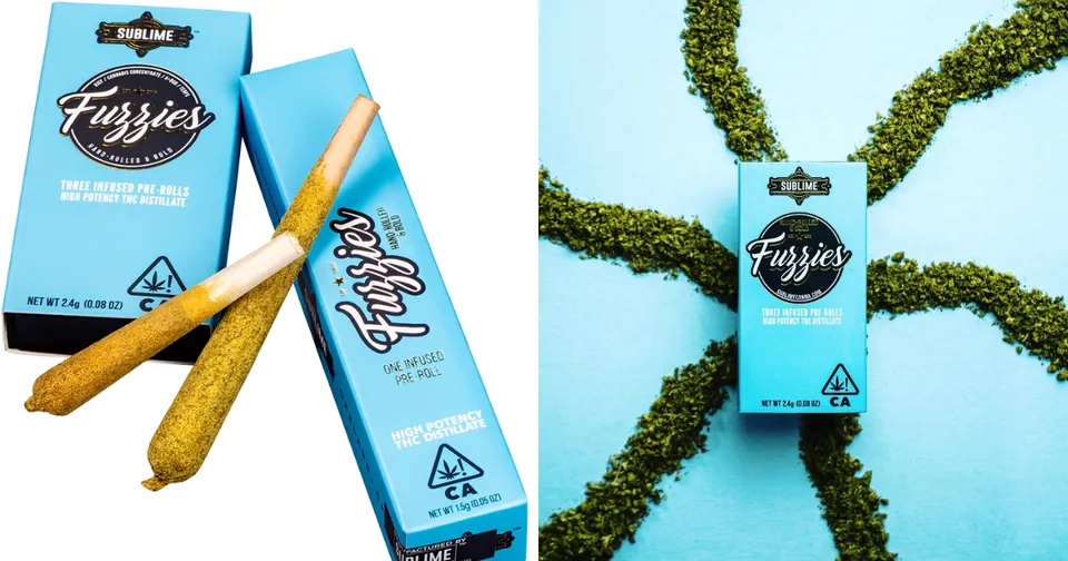 Blue product box and rolled cigarettes on a white background with green herb shapes around it