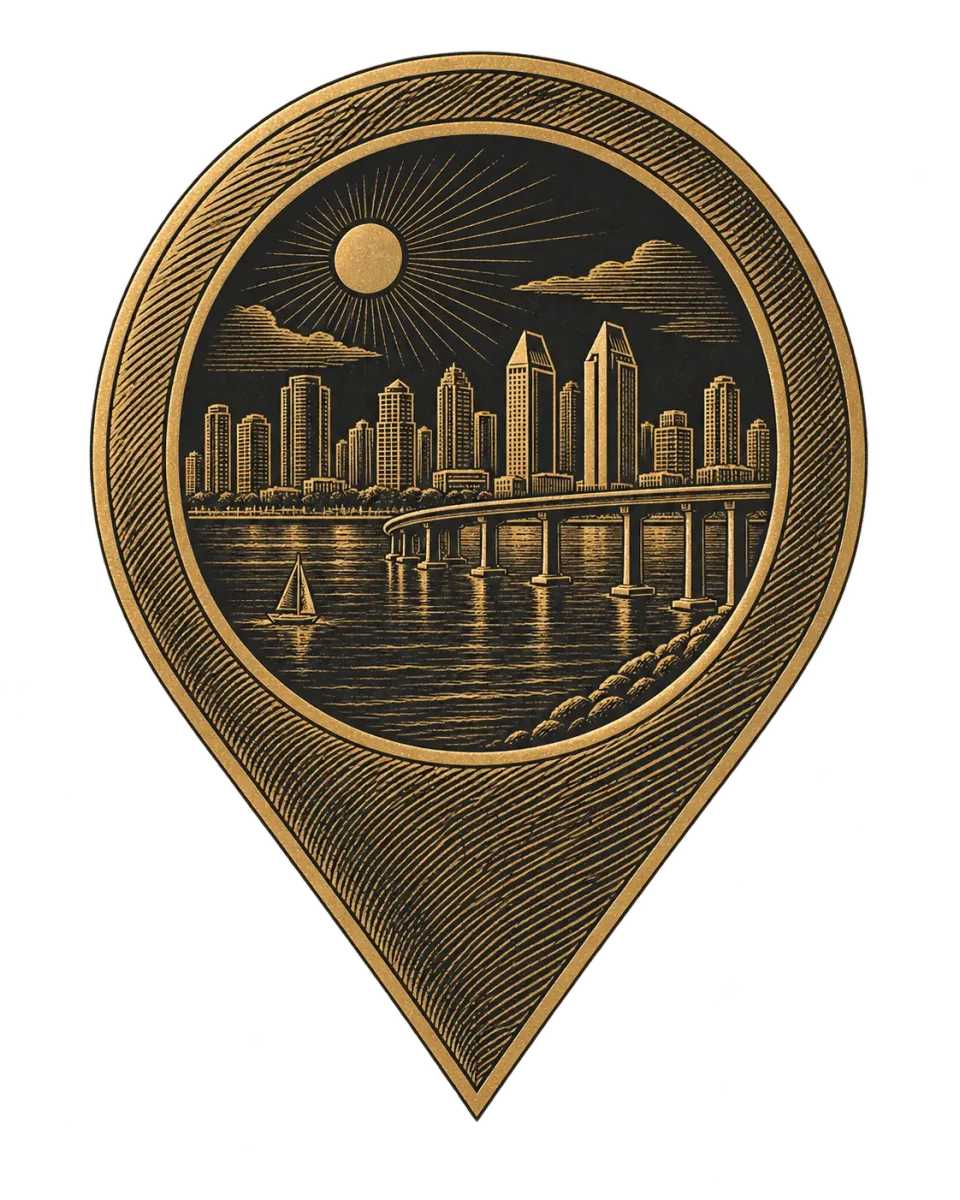 Gold illustration of the San Diego skyline, bay and Coronado Bridge inside a location pin