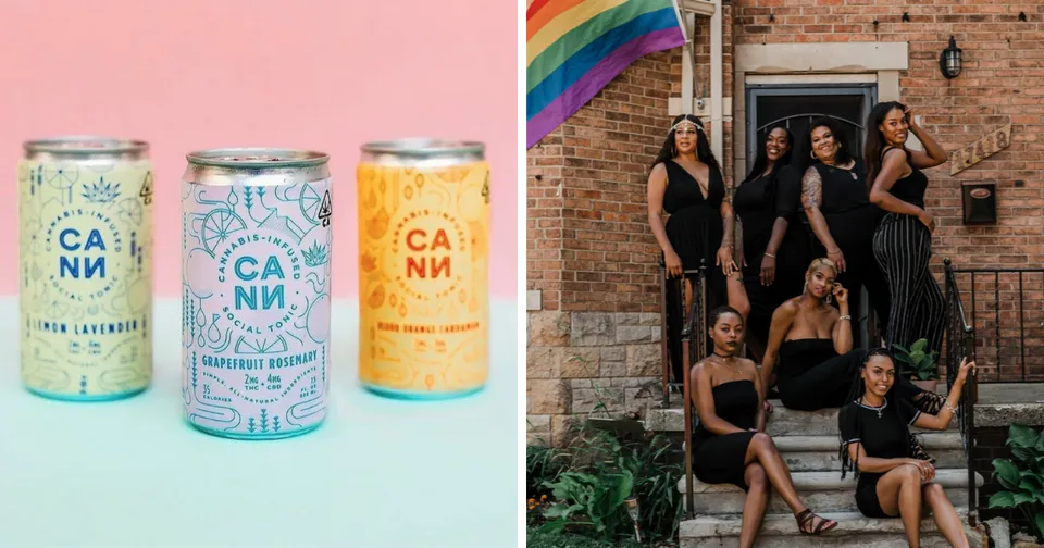 Three colorful CANN cans beside a rainbow flag and a group posing on steps outdoors