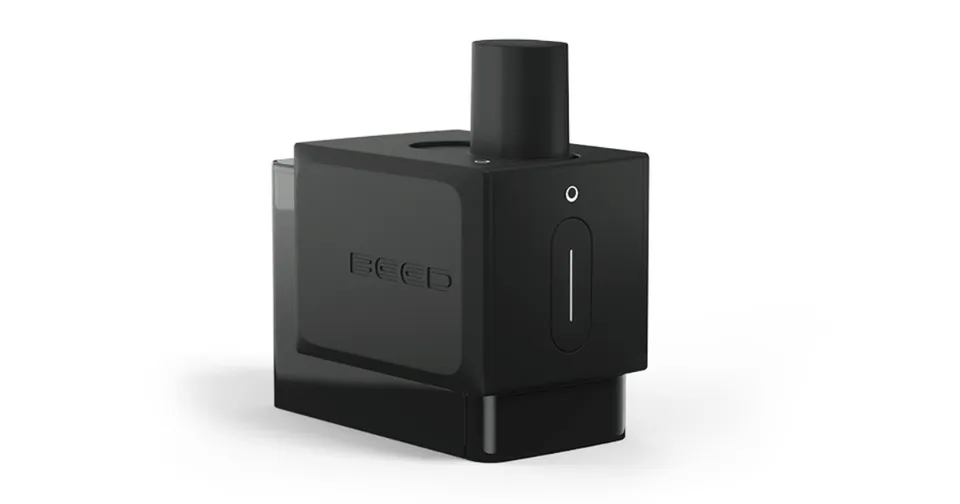 Black rectangular vaping device with a cylindrical top on a white background