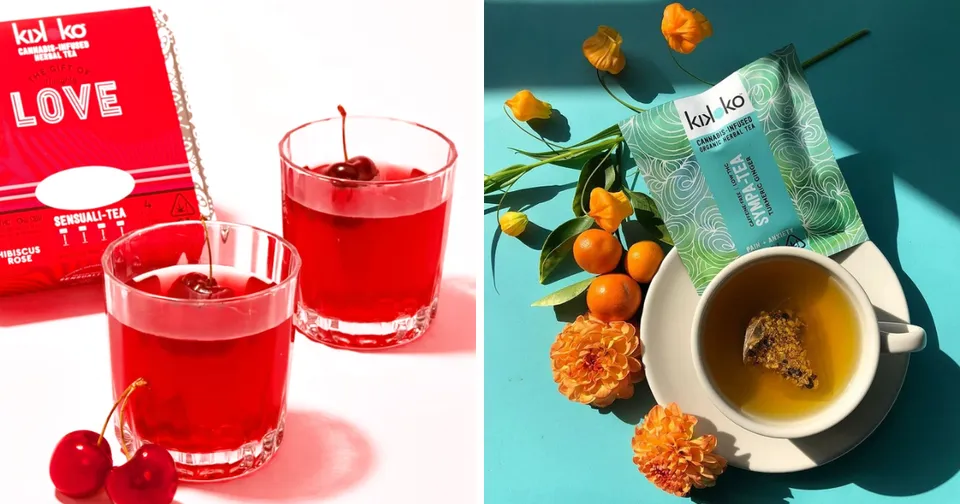 Two product shots: red drinks on white and tea with oranges and flowers on teal background