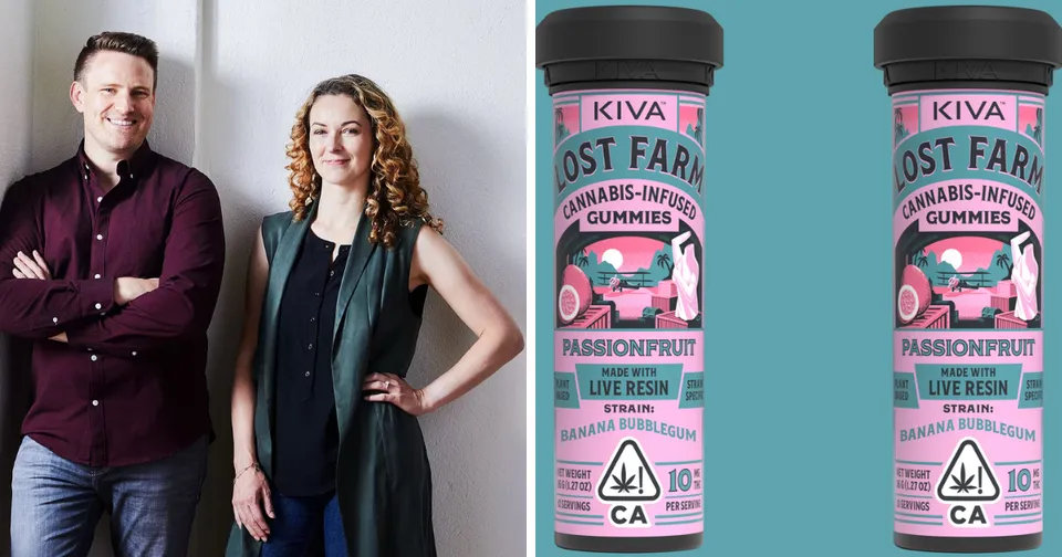 Two people standing beside pink Kiva Lost Farm product cans on a teal background