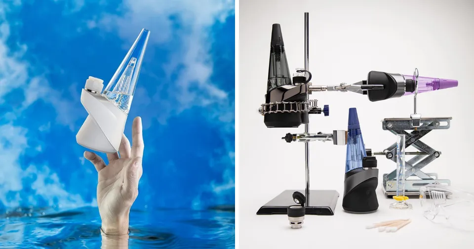 Scientific lab equipment collage with a hand holding a blue-and-white model rocket against a blue sky background