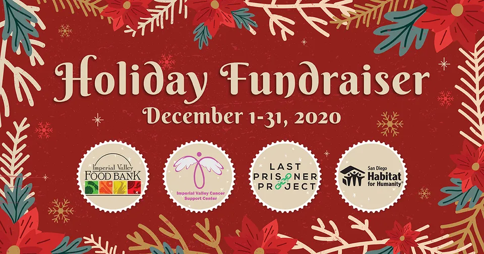 Holiday Fundraiser poster on red background with festive greenery and event details, December 1-31, 2020.