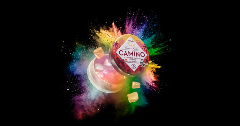 Colorful abstract splash with a red Camino label on a dark background
